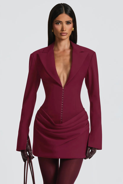 Rosette Burgundy Ruched Blazer Mini Dress
