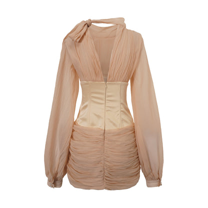 Téa cinched-waist floral-appliqué panelled mini dress