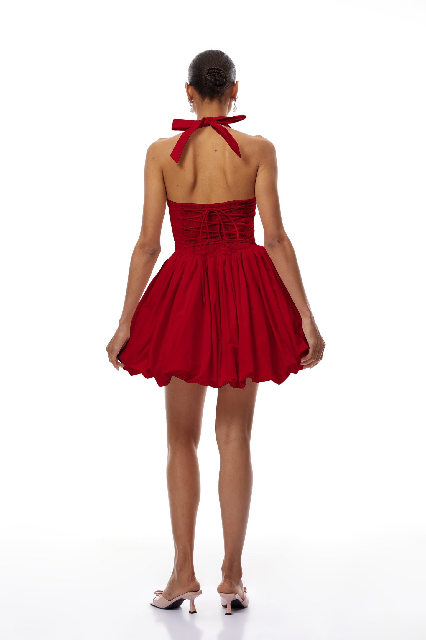 Anaelle Red Shirred Puffball Mini Dress