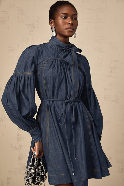 Mirabel dark-blue contrast-stitch denim mini dress