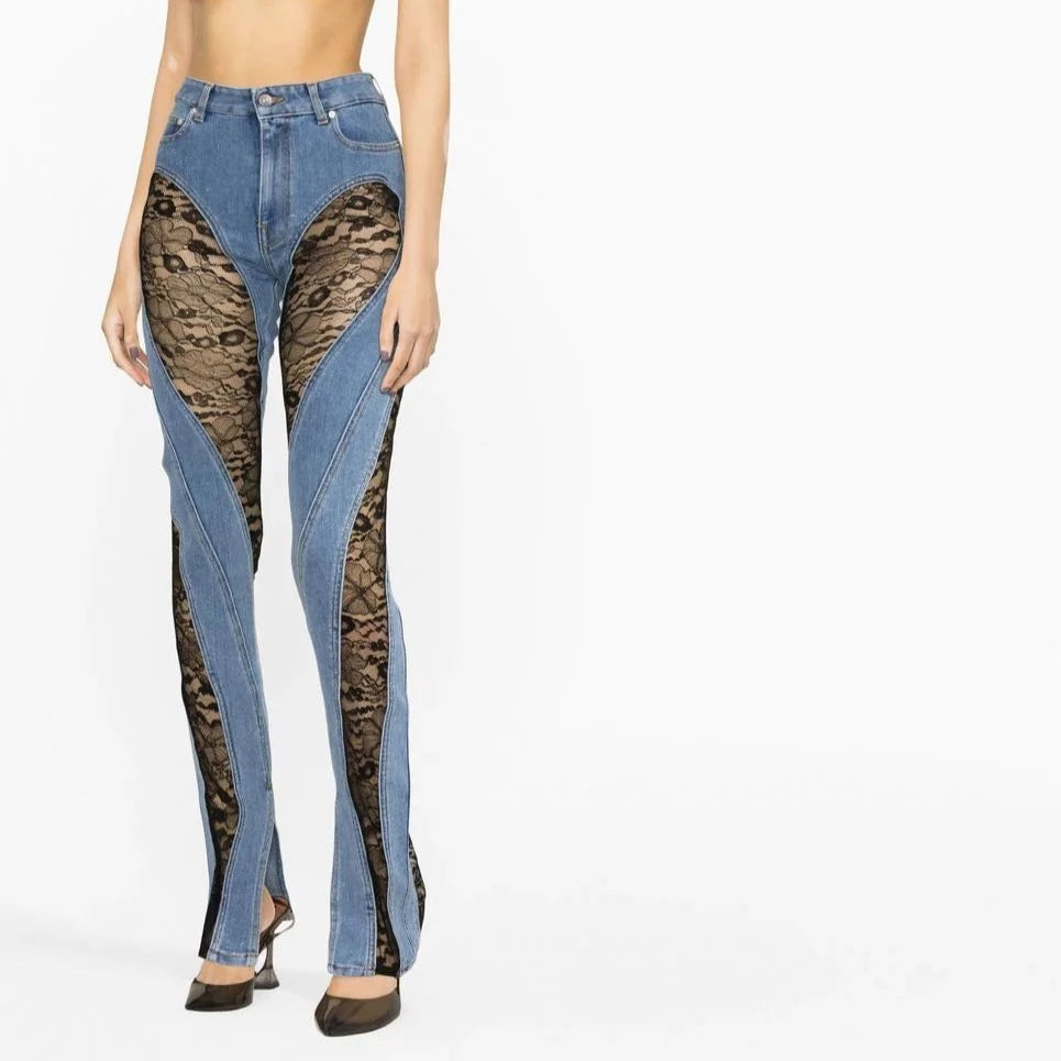 Denim Patchwork Lace and Blue High Waist Slit Slim Jeans