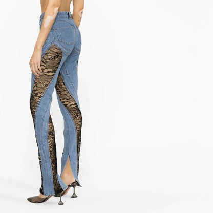 Denim Patchwork Lace and Blue High Waist Slit Slim Jeans