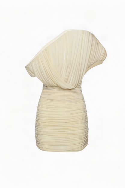 Felicia Cream White Asymmetrical Ruched Mini Dress