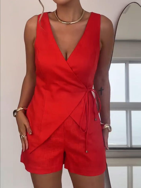 V-Neck Sleeveless Crossover Linen 2-Piece Set