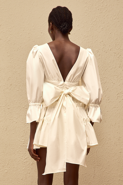 Jutta White Bowknot Shirred Mini Dress