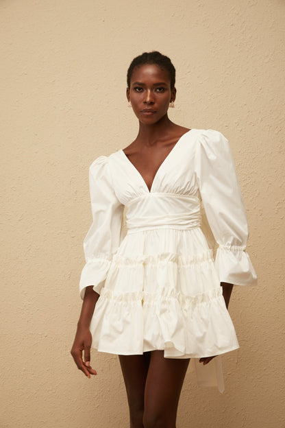 Jutta White Bowknot Shirred Mini Dress