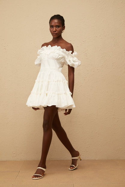 Irja White Off-Shoulder Shirred Mini Dress