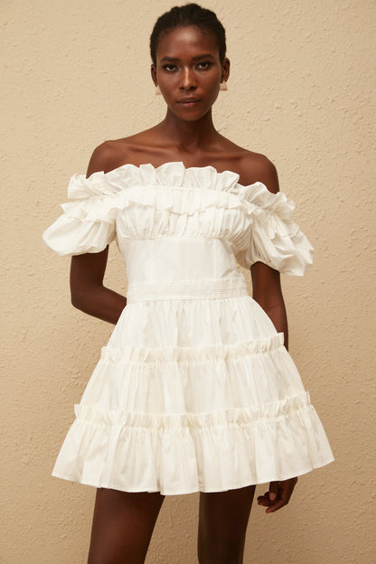 Irja White Off-Shoulder Shirred Mini Dress