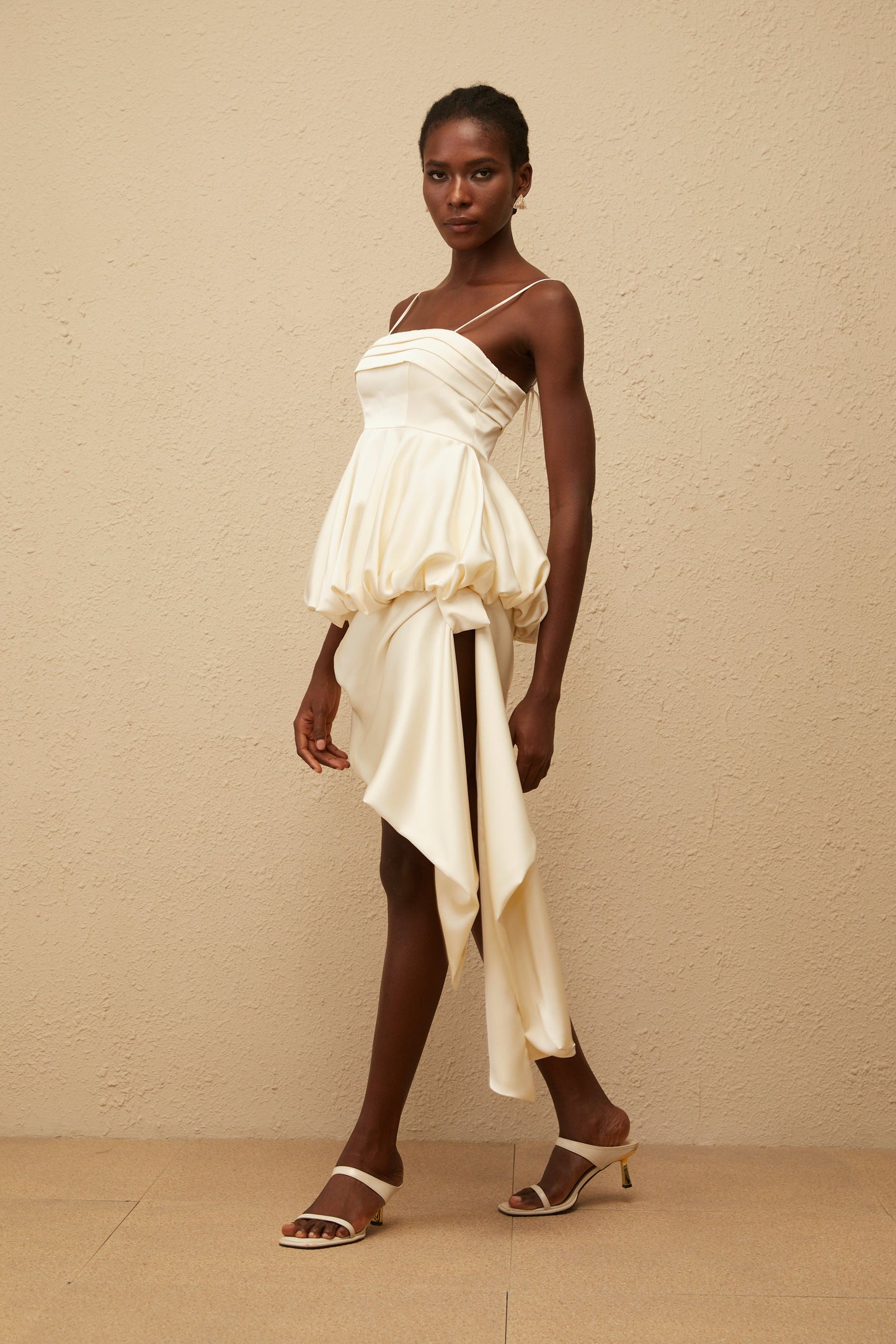 Opale Neutral Asymmetrical Satin Mini Dress