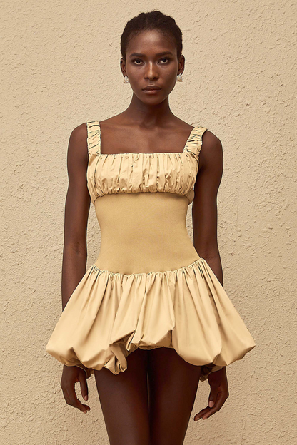 Sandrine Khaki Shirred Bubble Hem Mini Dress