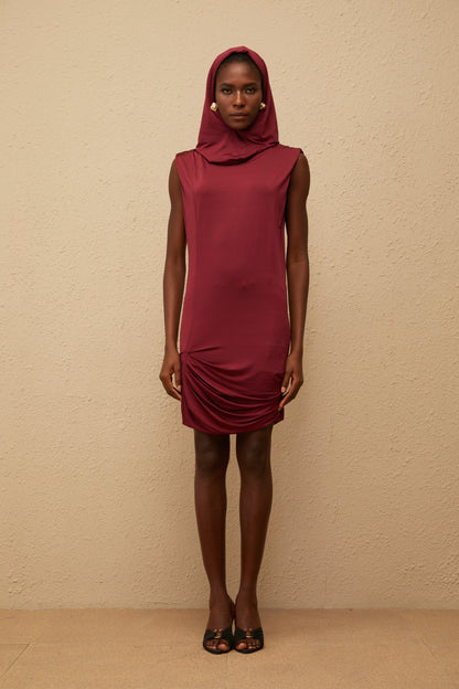 Aino Red Hooded Ruched Mini Dress