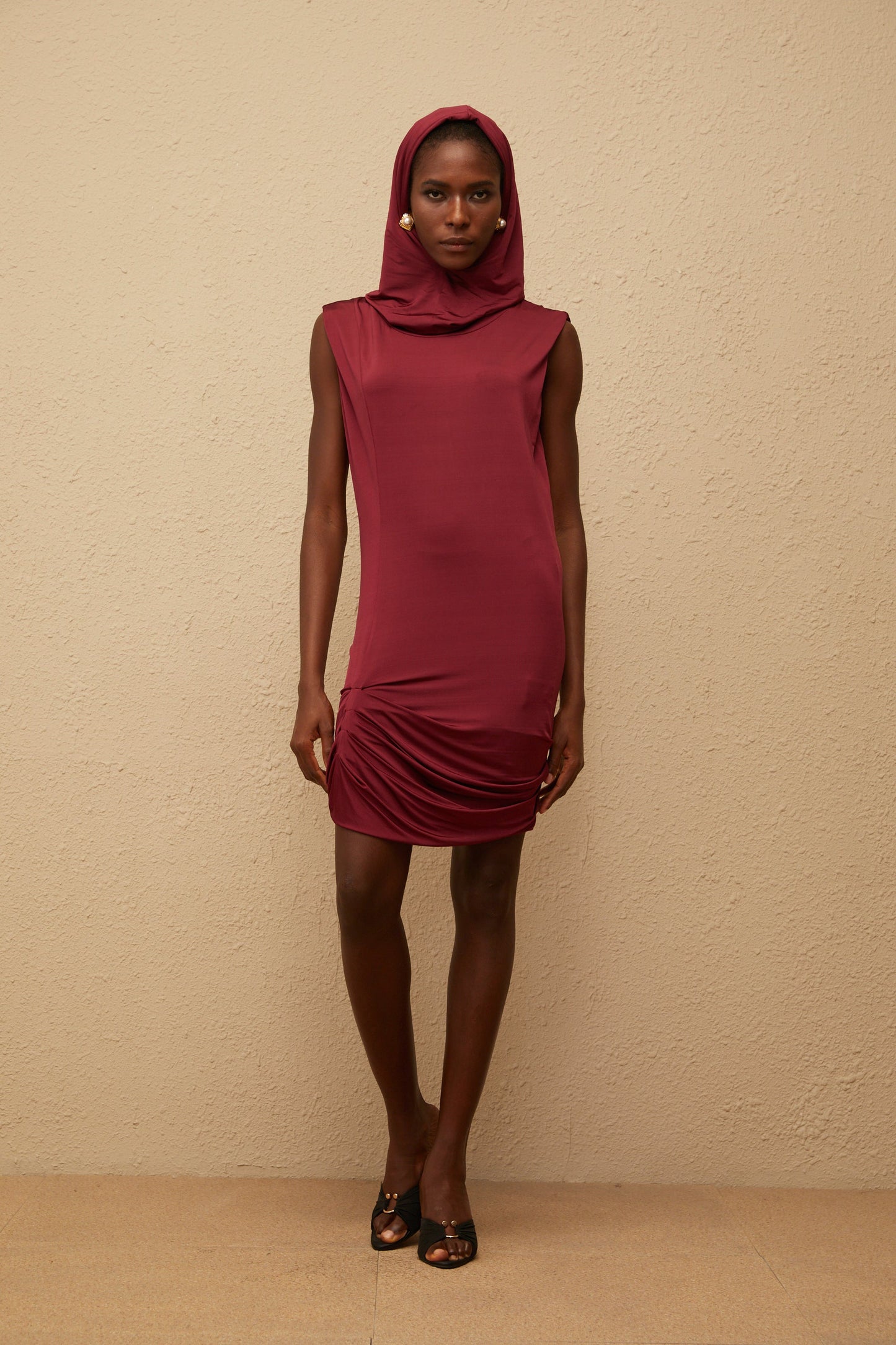 Aino Red Hooded Ruched Mini Dress