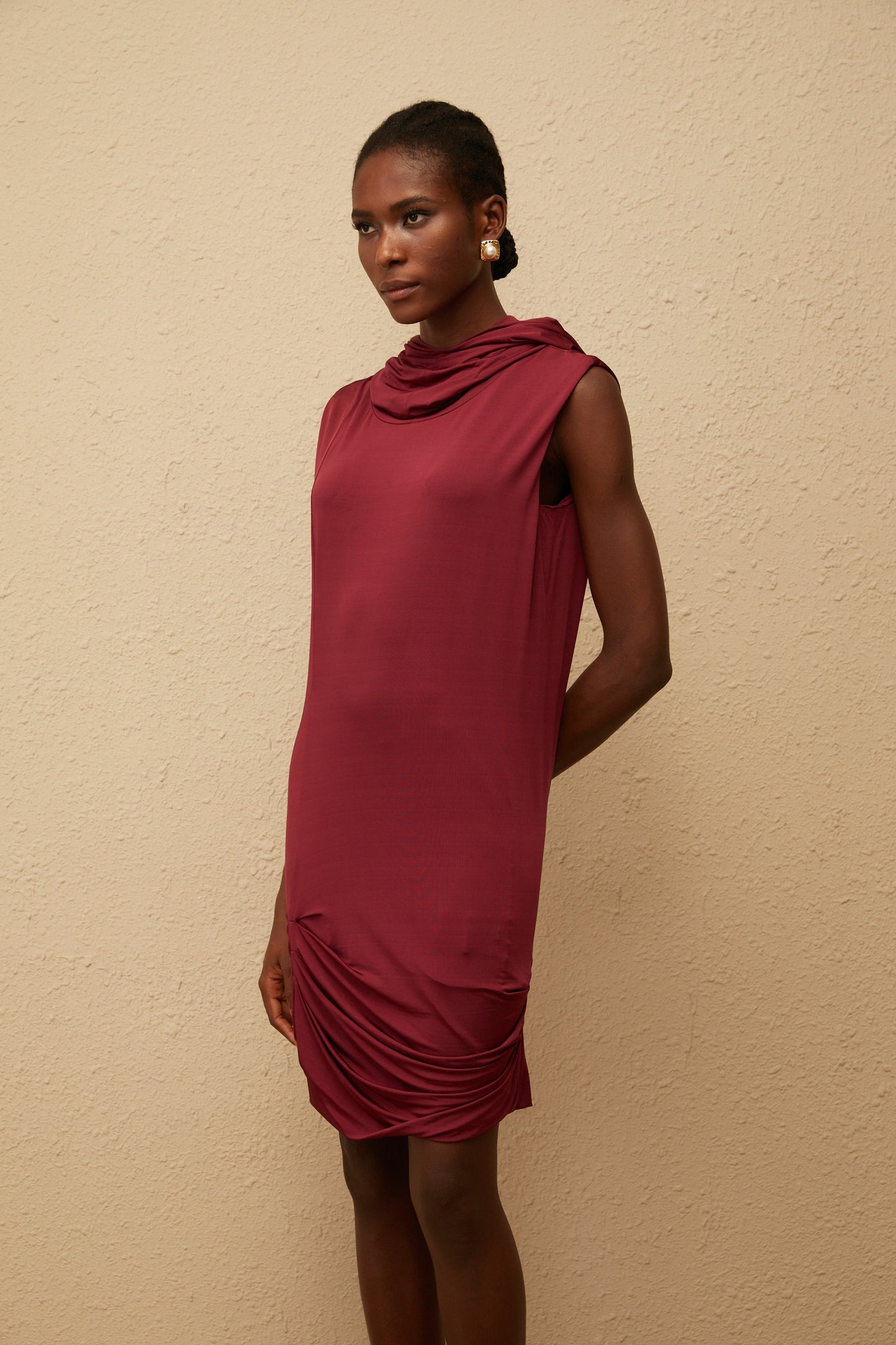 Aino Red Hooded Ruched Mini Dress