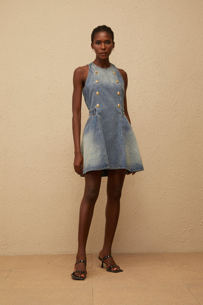 Gunnel Blue Faded Effect Denim Mini Dress