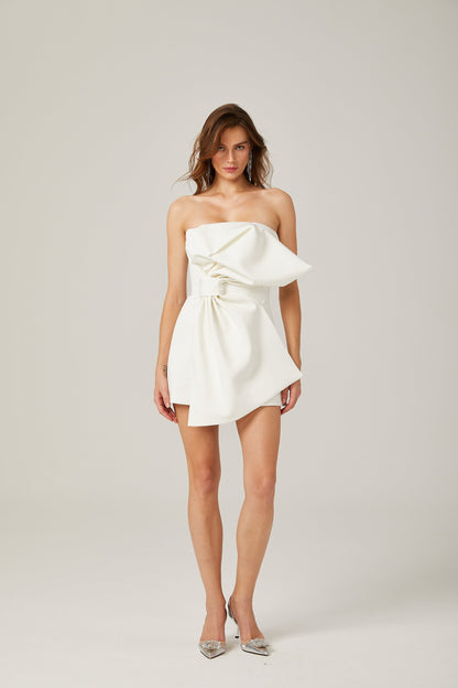 Charla white oversize-bow asymmetrical mini dress