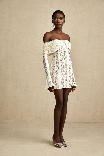 Émeline floral lace flared-cuff mini dress in Neutrals