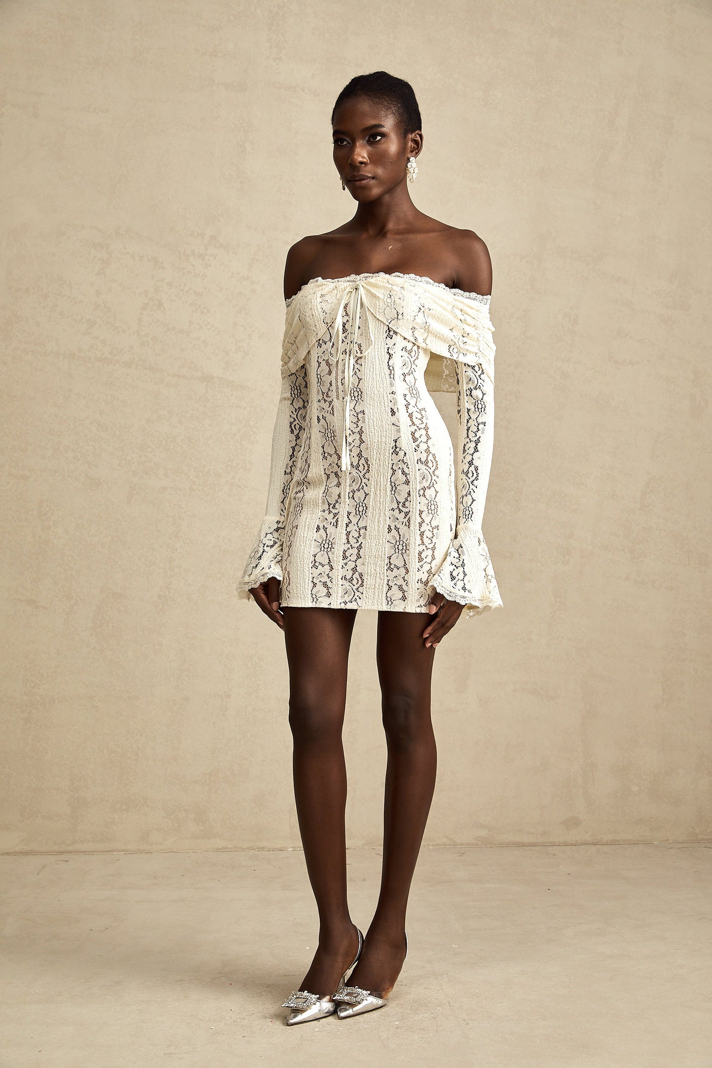 Émeline floral lace flared-cuff mini dress in Neutrals