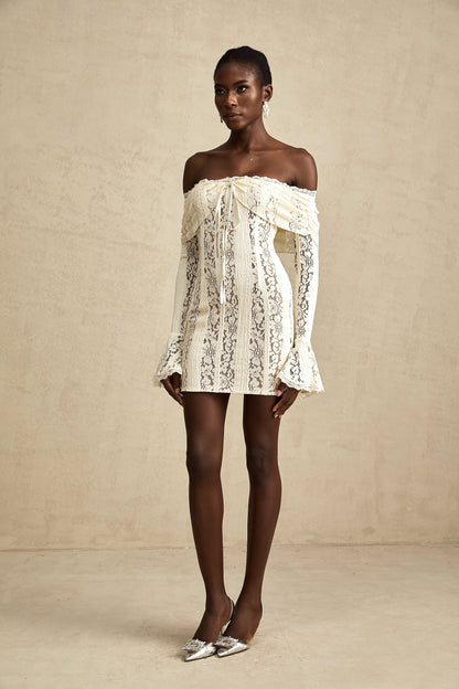 Émeline floral lace flared-cuff mini dress in Neutrals