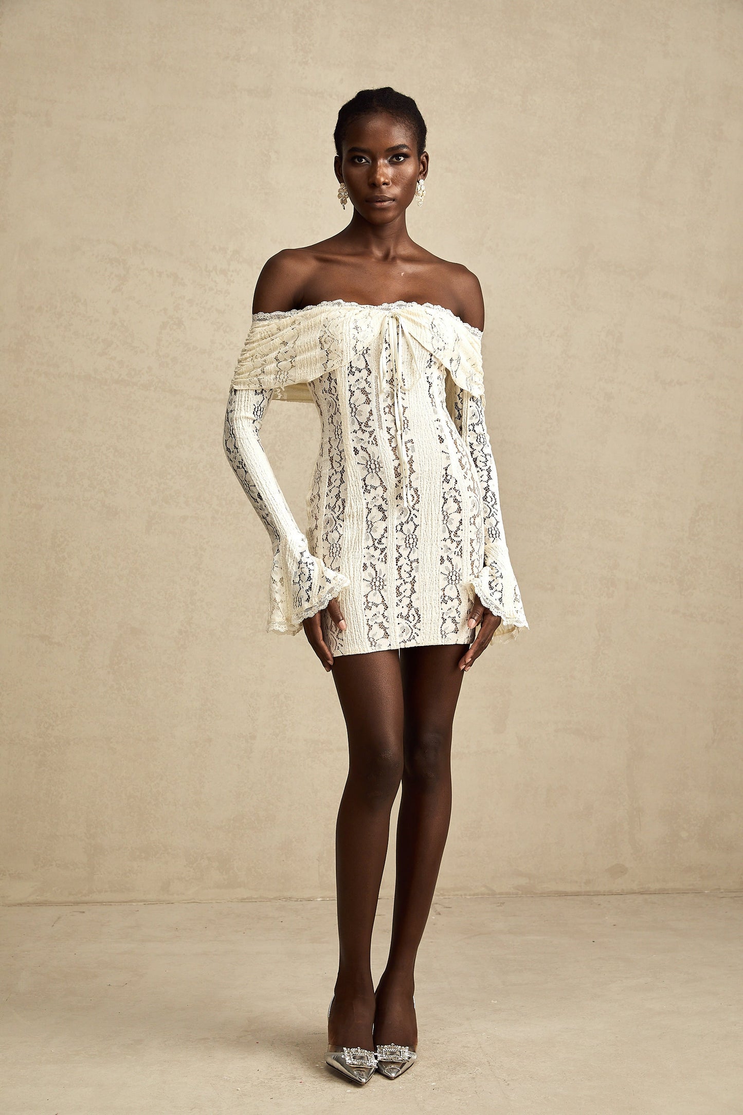 Émeline floral lace flared-cuff mini dress in Neutrals