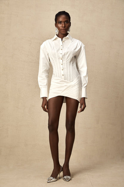Orlane white cinched-waist pleated mini shirt dress