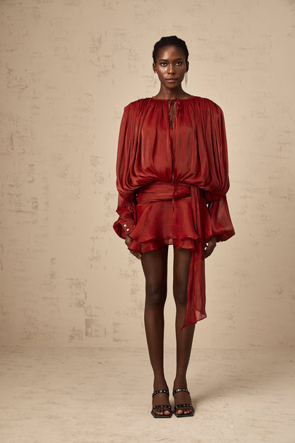 Eugénie Red Fully Pleated Ruffled Mini Dress