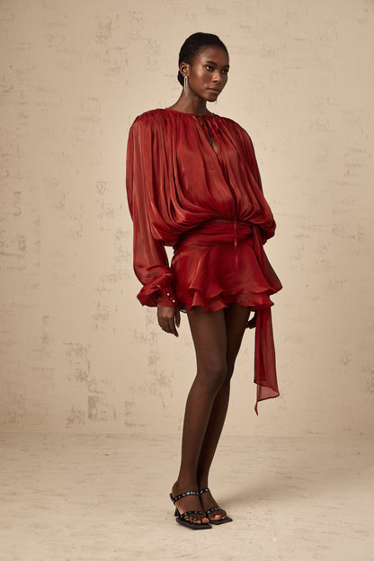 Eugénie Red Fully Pleated Ruffled Mini Dress