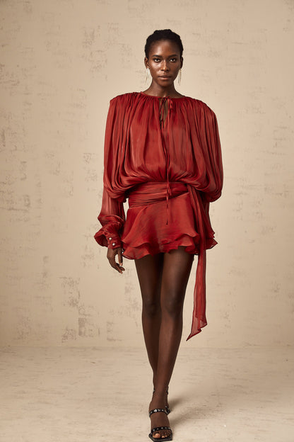 Eugénie Red Fully Pleated Ruffled Mini Dress