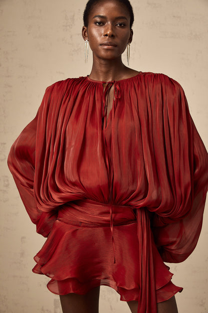 Eugénie Red Fully Pleated Ruffled Mini Dress