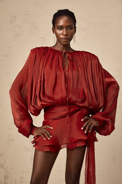 Eugénie Red Fully Pleated Ruffled Mini Dress