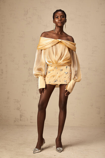 Adelina gold crystal-embellished panelled mini dress