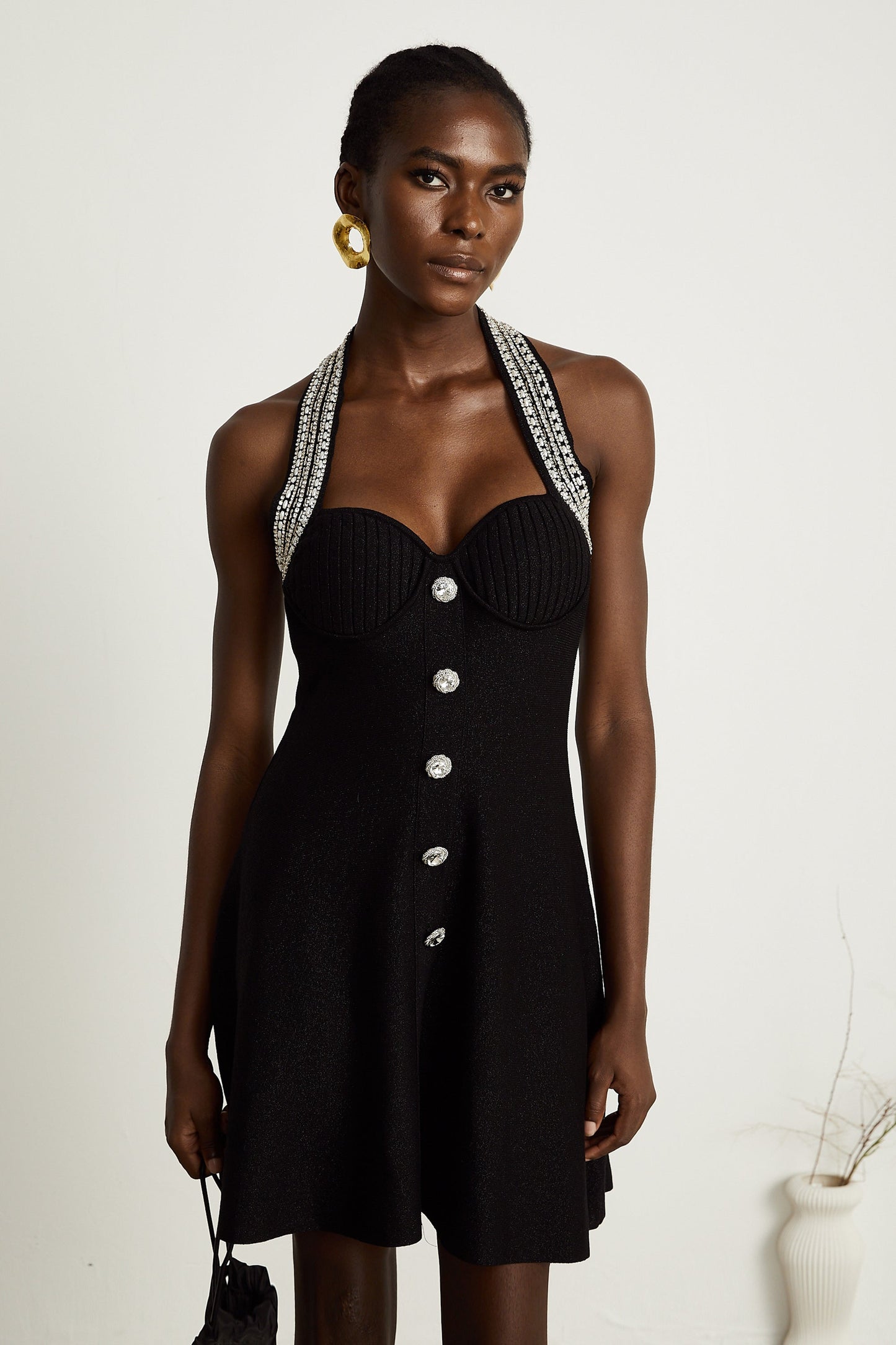 Éléonore black embellished knitted mini dress