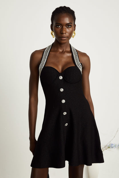 Éléonore black embellished knitted mini dress