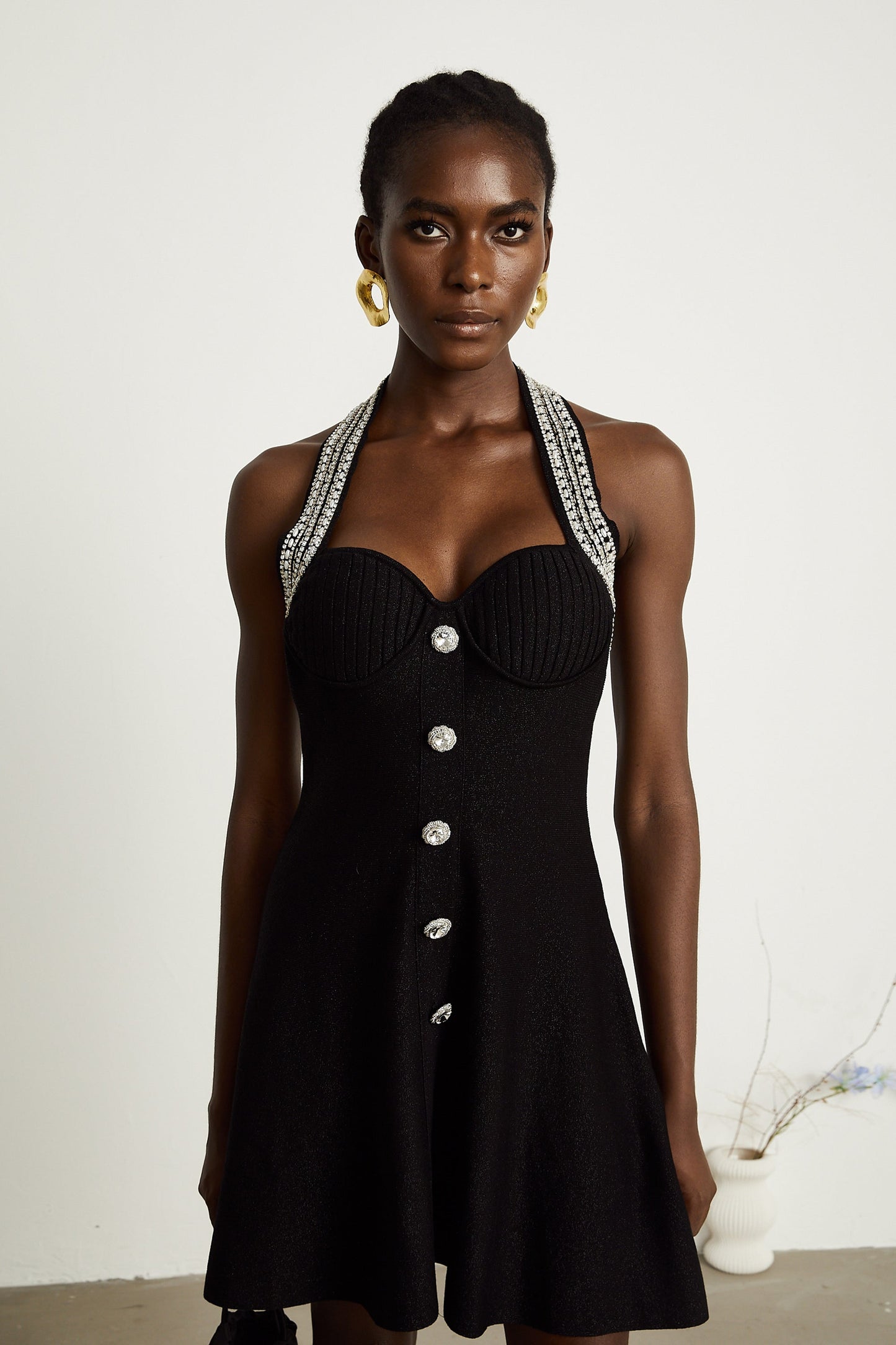 Éléonore black embellished knitted mini dress