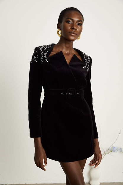 Émilie black crystal-embellished velvet mini dress