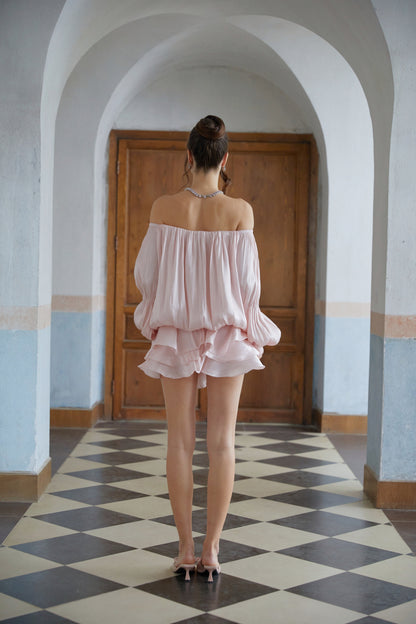 Zofia Pink Glossy Pleated Tiered Mini Dress