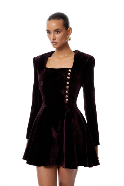 Benedetta Aubergine Square Neck Velvet Mini Dress