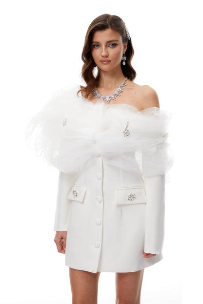 Eunice White Tulle Panel Mini Blazer Dress