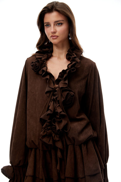 Zéphyrine Brown Floral Appliqué Tiered Suede Mini Dress