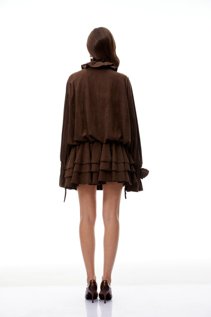 Zéphyrine Brown Floral Appliqué Tiered Suede Mini Dress