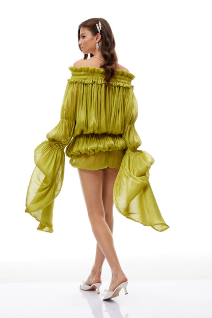 Marcia Green Off Shoulder Shirred Glossy Mini Dress