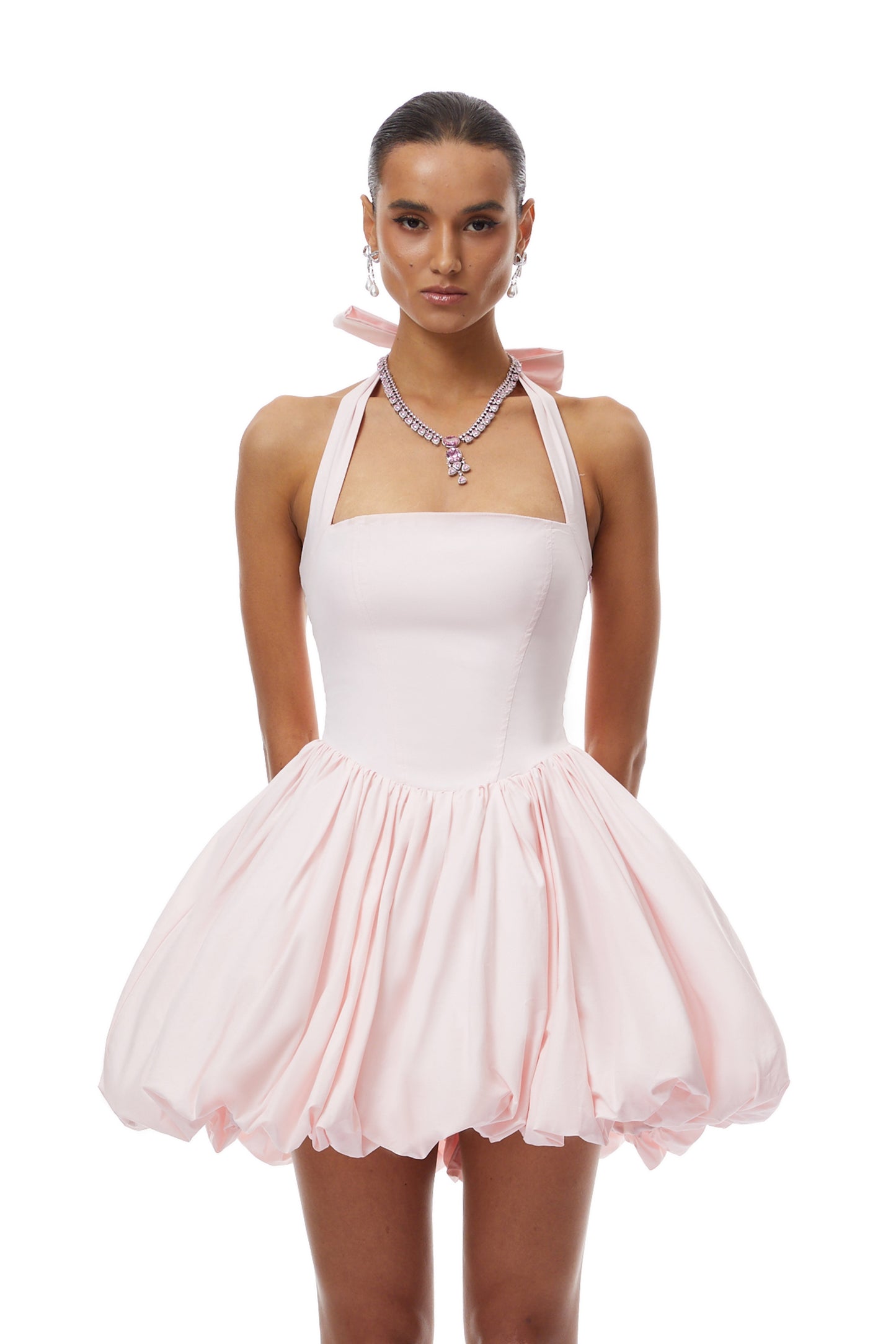 Anaelle Pink Shirred Puffball Mini Dress