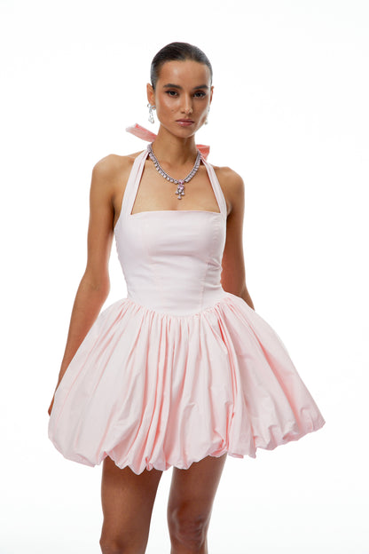 Anaelle Pink Shirred Puffball Mini Dress