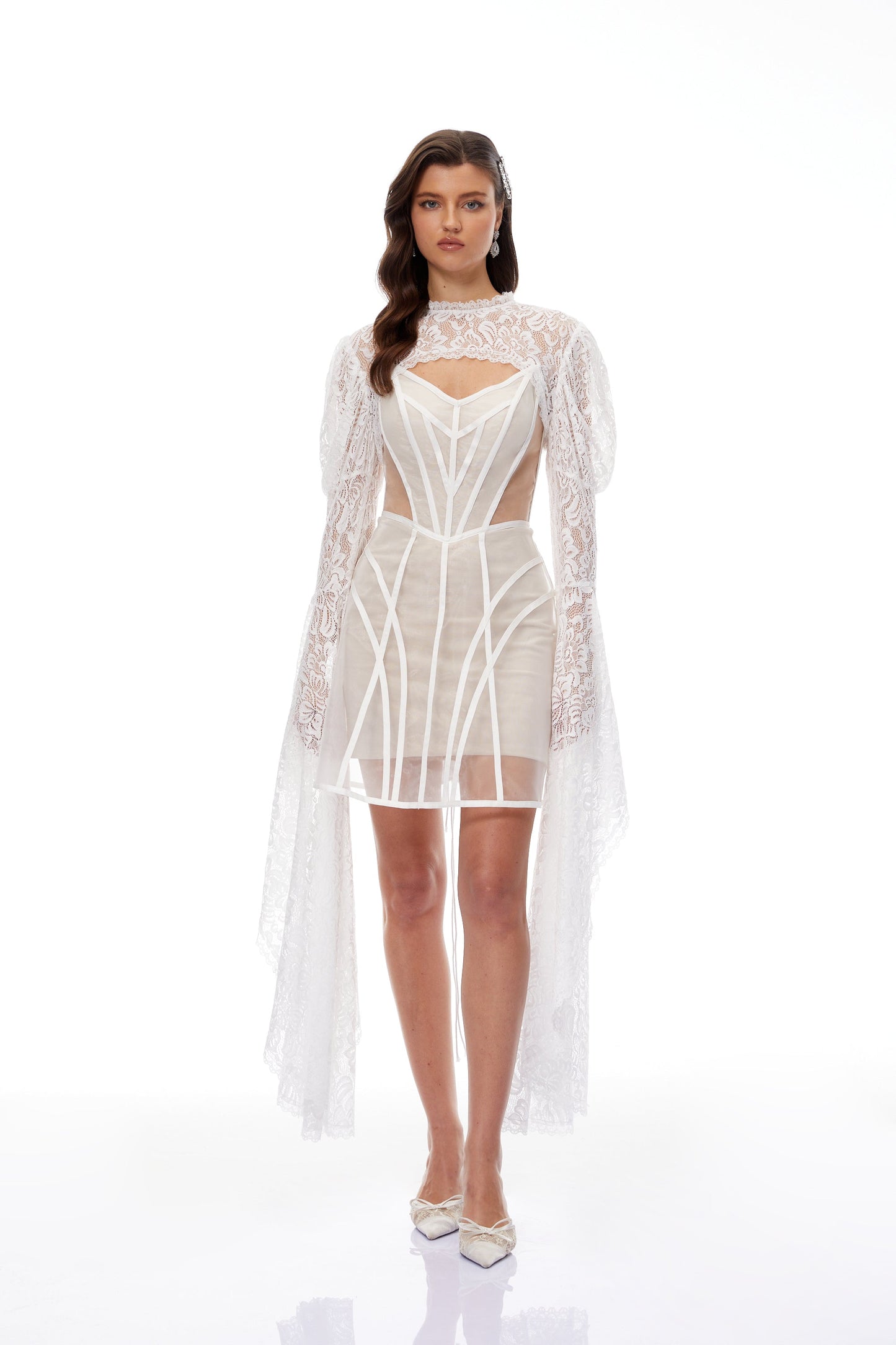 Ilaria White Lace Shrug & Linear Organza Dress Set