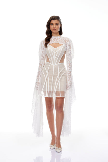 Ilaria White Lace Shrug & Linear Organza Dress Set