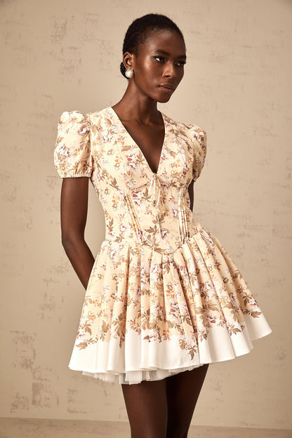 Alizée yellow floral-print pleated mini dress