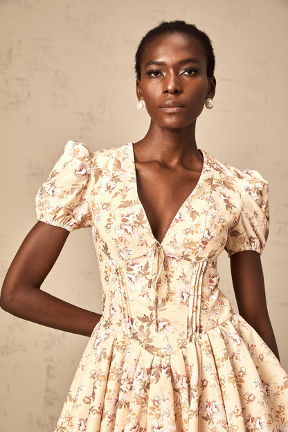 Alizée yellow floral-print pleated mini dress