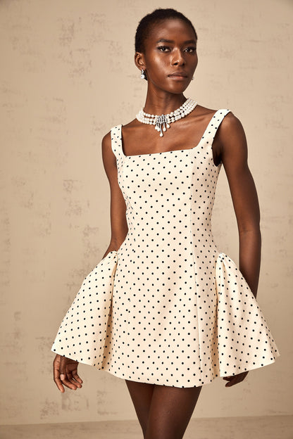 Geneviève neutrals polka-dot puff mini dress