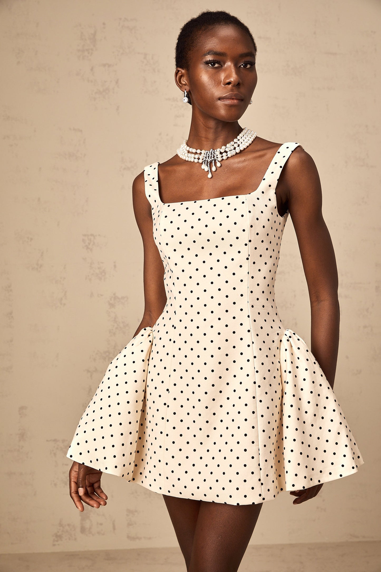 Geneviève neutrals polka-dot puff mini dress