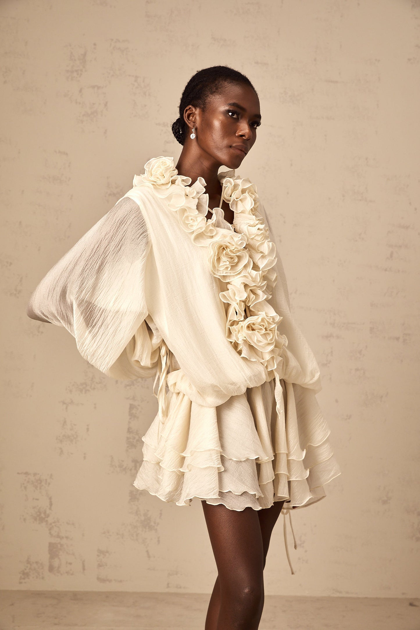 Zéphyrine floral-appliqué tiered mini dress in Neutrals
