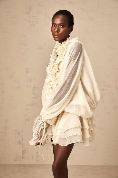 Zéphyrine floral-appliqué tiered mini dress in Neutrals